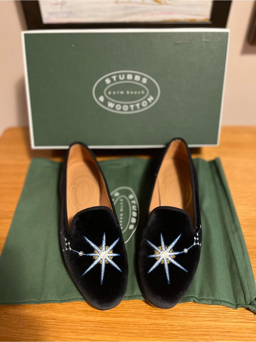 Stubbs & Wootton Women's Navy Velvet Taurus Zodiac Embroidered Loafers
